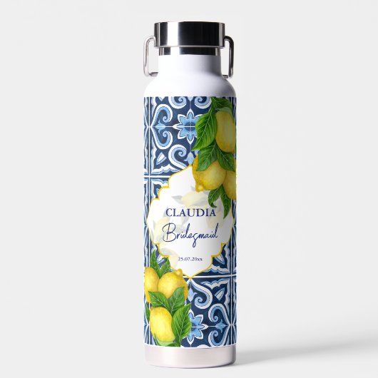 花嫁ギフト青タイルのレモンをテーマにイタリアンした ウォーターボトル (正面)