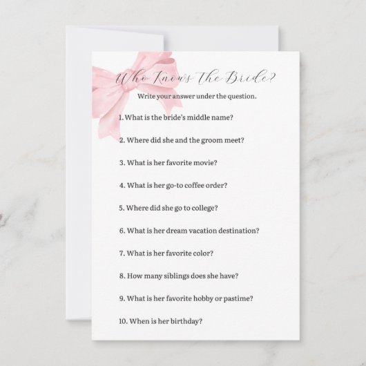 花嫁ゲームを知っているピンクボウ – ブライダルシャワー ノートカード (正面)