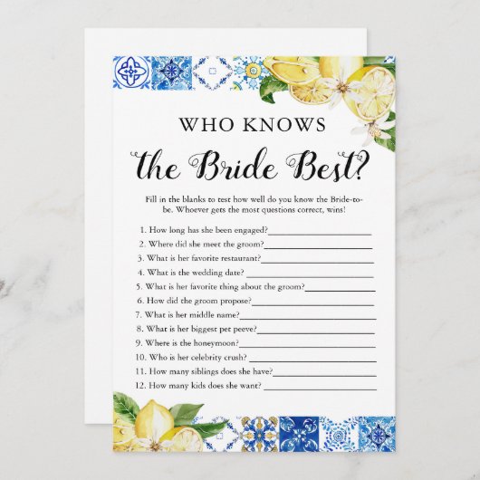 花嫁ゲームを知っている青いタイル最高ののレモン 招待状 (正面/裏面)