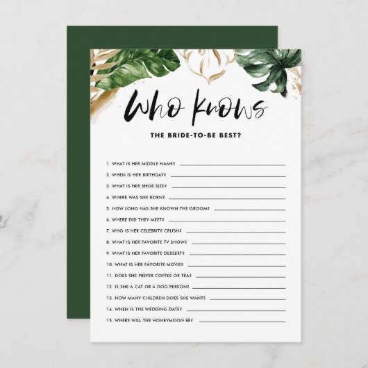 花嫁シャワーのゲームカー最高のドを知っている熱帯 エンクロージャーカード (正面/裏面)