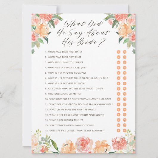 花嫁シャワーゲームについて彼は何と言った 招待状 (正面)