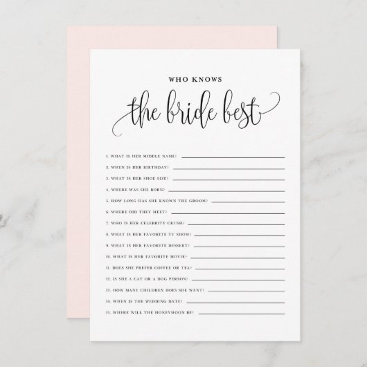 花嫁シャワーゲームを知る最高の黒の脚本 エンクロージャーカード (正面/裏面)