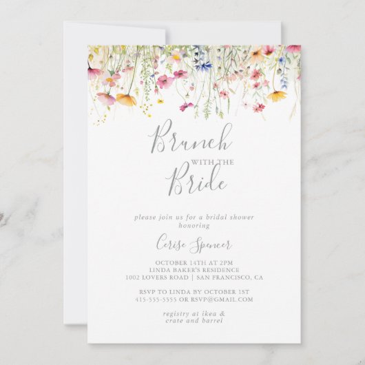 花嫁シャワー付き牧草地ワイルドフラワーブランチ 招待状 (正面)