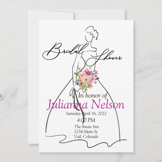 花嫁シルエットとピンクフローラブライダルシャワー 招待状 (正面)