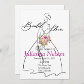 花嫁シルエットとピンクフローラブライダルシャワー 招待状 (正面/裏面)