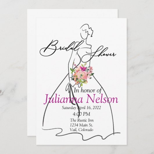 花嫁シルエットとピンクフローラブライダルシャワー 招待状 (正面/裏面)