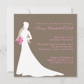 花嫁シルエット付きピンクの花ブライダルシャワー 招待状 (正面)