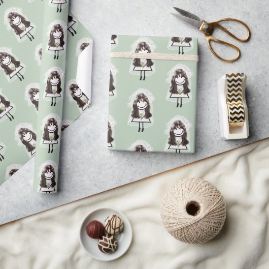 花嫁スティックフィギュアとデイジーブーケ ラッピングペーパー (クラフト)