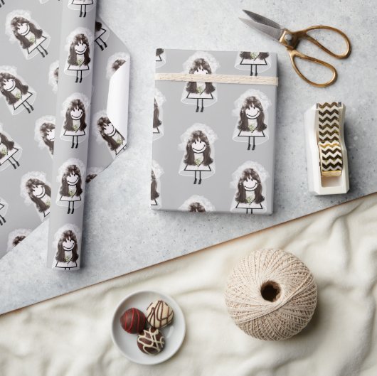 花嫁スティックフィギュアとデイジーブーケ ラッピングペーパー (クラフト)