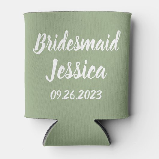花嫁セージ緑のエレガントスクリプトウェディング 缶クーラー (正面)