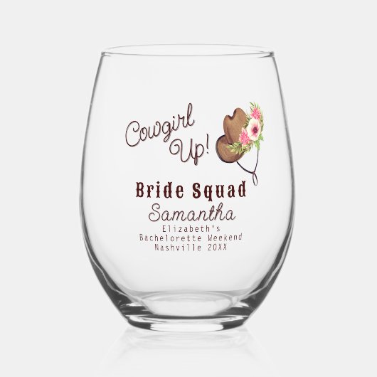 花嫁チーム ラスティック ピンクカウガール アップ ブライズメイド ステムなしワイングラス (正面)