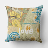 花嫁ティール（緑がかった色）イエローコーラル&オリーブピーコックバードケージ クッション (正面)