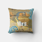 花嫁ティール(緑がかった色)イエローコーラル&オリーブピーコックバードケージ クッション (正面)