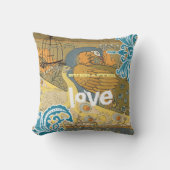 花嫁ティール(緑がかった色)イエローコーラル&オリーブピーコックバードケージ クッション (正面)