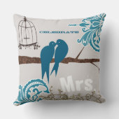 花嫁ティール(緑がかった色)ダマスクキスをするラブバードケージ クッション (裏面)