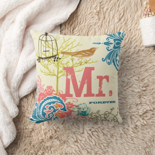 花嫁ティール（緑がかった色）ダマスクラブバードバーケージ氏フォーエバー クッション (ブランケット)