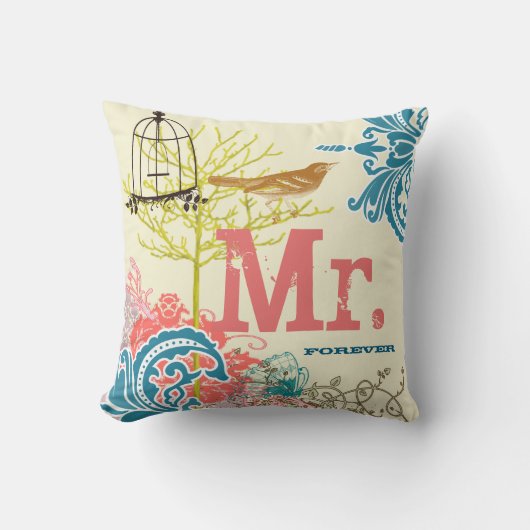 花嫁ティール（緑がかった色）ダマスクラブバードバーケージ氏フォーエバー クッション (正面)