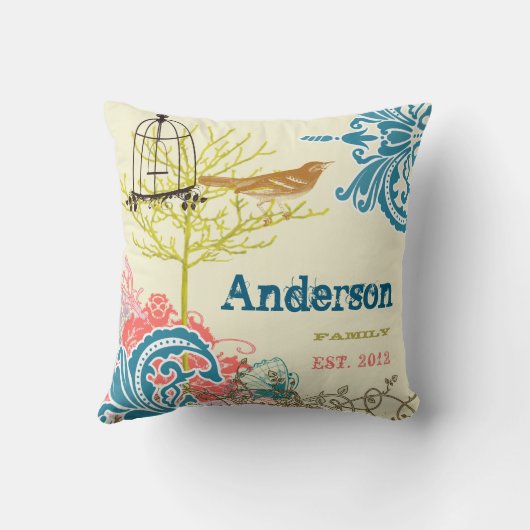 花嫁ティール(緑がかった色)ダマスクラブバードバードカージミセス・フォーエバー クッション (裏面)