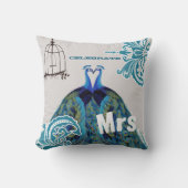 花嫁ティール(緑がかった色)ラヴキスをするバーズピーコックバードケージ クッション (正面)