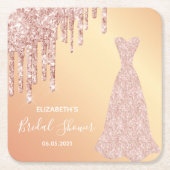 花嫁ドレスブライダルシャワーバラ金ゴールドグリッタードリップ スクエアペーパーコースター (正面)