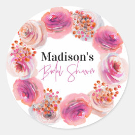 花嫁パーソナライズされた名ブライダルシャワーピンクフローラ ラウンドシール