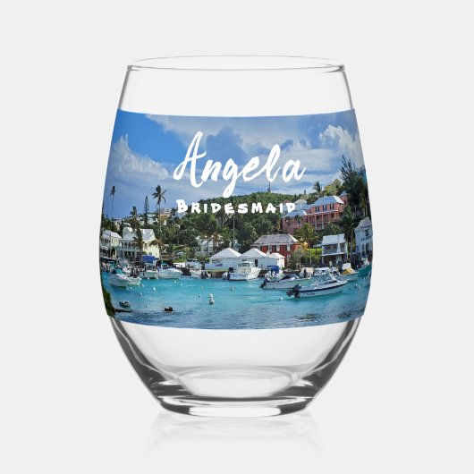 花嫁パーソナライズされた島ライフ ステムなしワイングラス (正面)