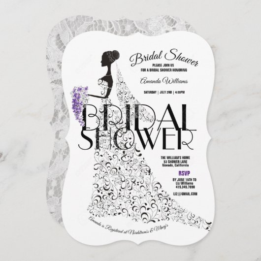 花嫁ビューティフルレースのようドレスフラワーズブライダルシャワー 招待状 (正面/裏面)