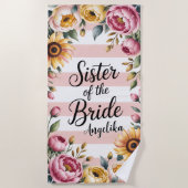 花嫁ピンクストライプフローラの結婚姉妹 ビーチタオル (正面)