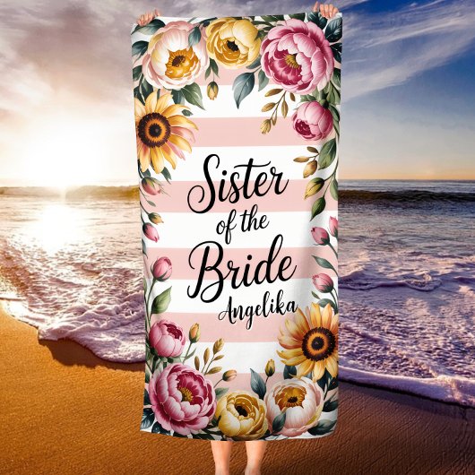 花嫁ピンクストライプフローラの結婚姉妹 ビーチタオル