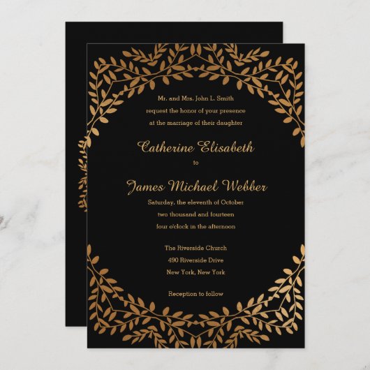 花嫁フェイクの保護者による金ゴールド結婚式の招待 招待状 (正面/裏面)