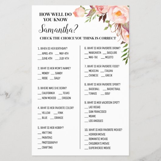 花嫁ブライダルシャワーのゲームカードを知っている チラシ (正面)