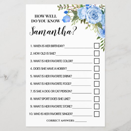 花嫁ブライダルシャワーのゲームカードを知っている チラシ (正面)