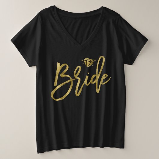花嫁プラスサイズVネックフェイク金ゴールドブリリアントブラック プラスサイズTシャツ (デザイン正面)