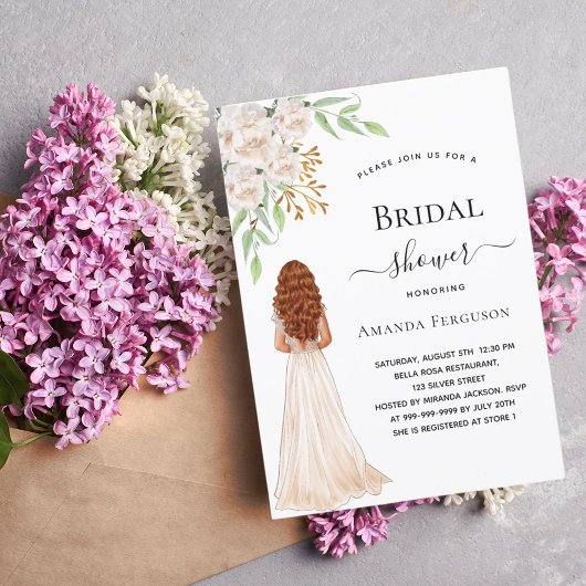 花嫁ホワイト花模様グリーンドレスブライダルシャワー 招待状