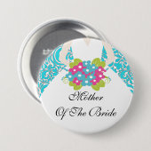 花嫁ボタン/Pinのターコイズのダマスク織の母 缶バッジ (正面&裏面)