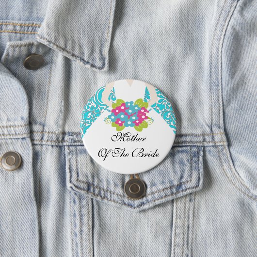 花嫁ボタン/Pinのターコイズのダマスク織の母 缶バッジ (インサイチュ)