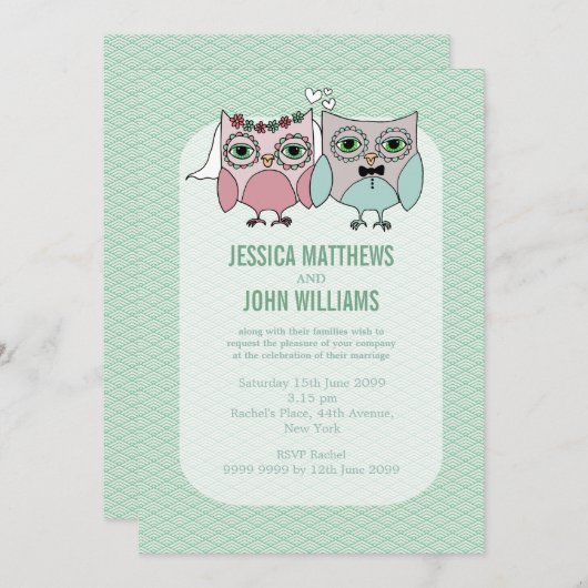 花嫁モダンと花婿フクロウのカップルの結婚式の招待 招待状 (正面/裏面)