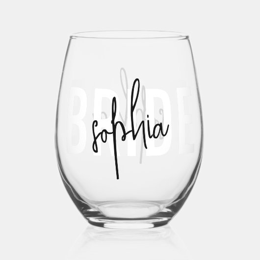 花嫁モノグラム署名スクリプト ステムなしワイングラス (正面)
