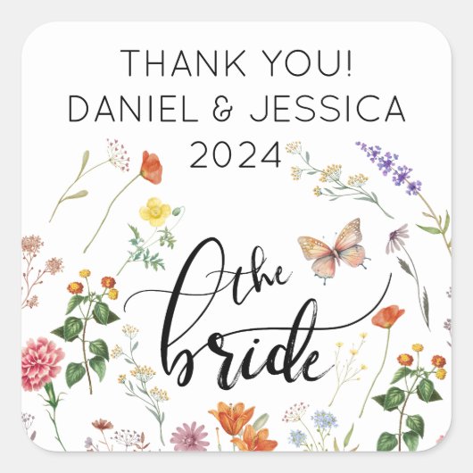 花嫁ワイルドフラワーヴィンテージウェディングステッカー スクエアシール (正面)