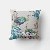 花嫁ヴィンテージティール（緑がかった色）ダマスクピーコックバードケージつる植物 クッション (裏面)