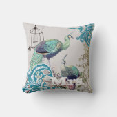花嫁ヴィンテージティール（緑がかった色）ダマスクピーコックバードケージつる植物 クッション (正面)