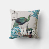 花嫁ヴィンテージティール（緑がかった色）ダマスクピーコックバードケージつる植物 クッション (裏面)