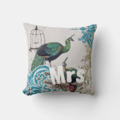 花嫁ヴィンテージティール（緑がかった色）ダマスクピーコックバードケージつる植物 クッション (正面)
