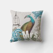 花嫁ヴィンテージティール（緑がかった色）ダマスクピーコックバードケージつる植物 クッション (裏面)