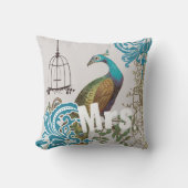 花嫁ヴィンテージティール（緑がかった色）ダマスクピーコックバードケージつる植物 クッション (正面)