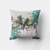 花嫁ヴィンテージティール（緑がかった色）バードバードケージ&パープル開花 クッション (裏面)