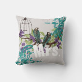 花嫁ヴィンテージティール（緑がかった色）バードバードケージ&パープル開花 クッション (正面)