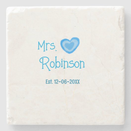 花嫁候補のミセス（＋名前） 日付 青いハートの水彩画 ストーンコースター (正面)
