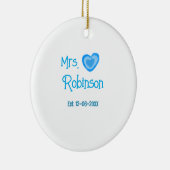 花嫁候補のミセス【名前】日付 青いハートの水彩画 セラミックオーナメント (右)