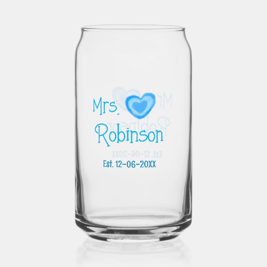 花嫁候補のミセス ○○様 日付 青いハートの水彩画 ガラス缶 (正面)